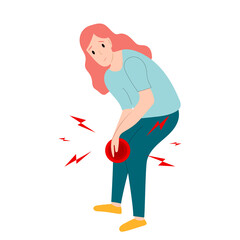 Woman or man with knee pain symptom in flat design on white background. Female or male feel tired her legs and knees concept vector illustration.