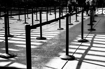 Roped line for crowd control at the entrance of a park