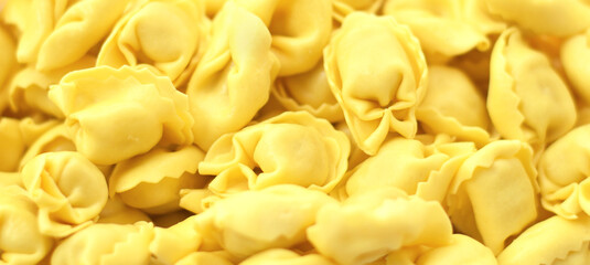 Food background pasta tortellini uncooked or raw with filling closed up selective focus