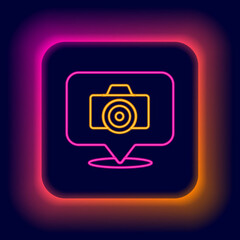 Glowing neon line Photo camera icon isolated on black background. Foto camera. Digital photography. Colorful outline concept. Vector