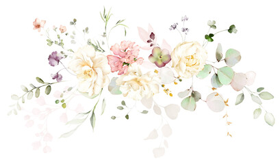 watercolor arrangements with garden flowers. bouquets with pink, yellow wildflowers, leaves, branches. Botanic illustration isolated on white background. - 514342790