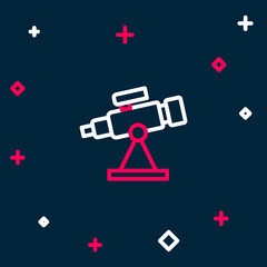 Line Telescope icon isolated on blue background. Scientific tool. Education and astronomy element, spyglass and study stars. Colorful outline concept. Vector
