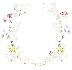 Watercolor invitation design with pink, yellow garden roses, wildflowers, leaves. frame, wreath with flowers, herbs. botanical Template