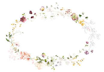 Watercolor invitation design with pink, yellow garden roses, wildflowers, leaves. frame, wreath with flowers, herbs. botanical Template