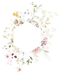 Watercolor invitation design with pink, yellow garden roses, wildflowers, leaves. frame, wreath with flowers, herbs. botanical Template