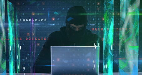Data processing, multiple screens showing colourful webs of connections over Caucasian hacker wearin