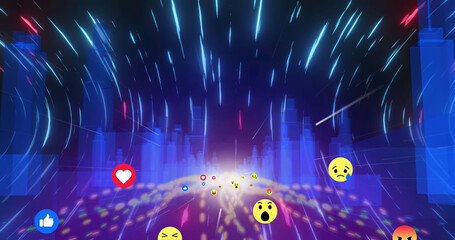 Face emoji and light trails moving against 3D model of modern buildings