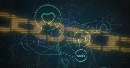 Network of digital icons against security chain on blue background