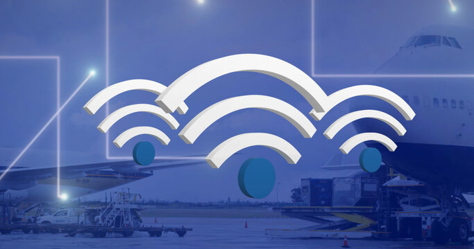 Image of wifi digital icons floating over airport