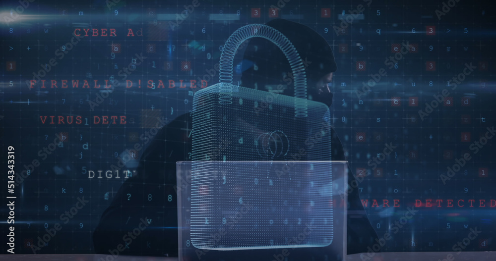 Poster image of changing numbers, letters and padlock over hacker using computer