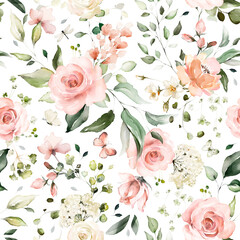 seamless floral watercolor pattern with garden flowers roses, wildflowers, leaves, branches. Botanical tile, background.
