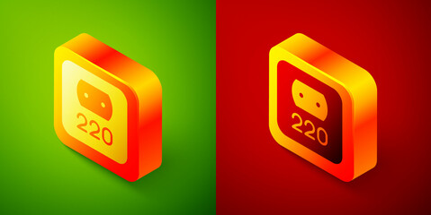 Isometric Electrical outlet icon isolated on green and red background. Power socket. Rosette symbol. Square button. Vector