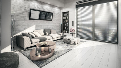 Plakat Sofa Inside a Sunny Apartment - black and white 3D Visualization