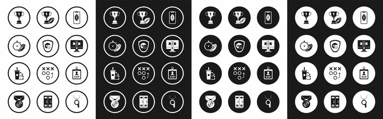 Set Smartphone with american football ball on the screen, American helmet and shield, Football stopwatch, Award cup, tv program, VIP badge and ticket paper glass soda drinking straw icon. Vector