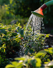 Water the garden with a watering can. Watering strawberries