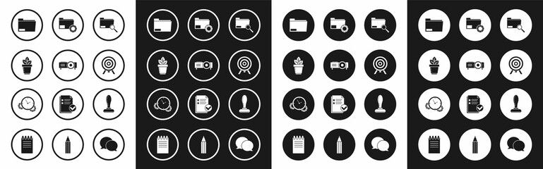 Set Search concept with folder, Presentation, movie, film, media projector, Flowers in pot, Document, Target, Folder settings gears, Stamp and Time Management icon. Vector