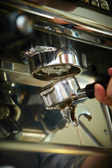 Cleaning the espresso machine, close-up of the espresso machine