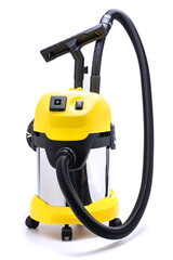 Yellow construction vacuum cleaner on wheels isolated on a white background