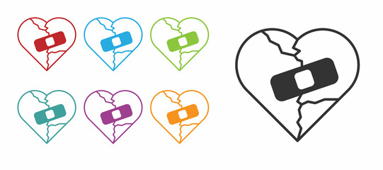 Black Healed broken heart or divorce icon isolated on white background. Shattered and patched heart. Love symbol. Valentines day. Set icons colorful. Vector