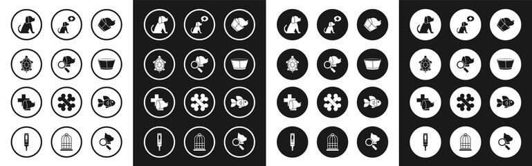 Set Veterinary clinic symbol, Turtle, Dog, Protective cone collar, Fish and icon. Vector