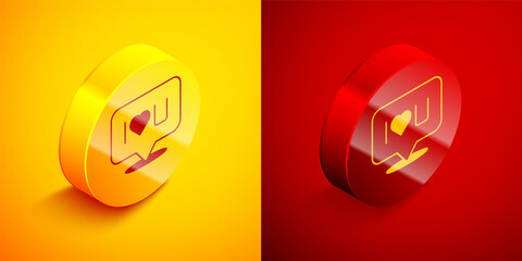 Isometric Speech bubble with text I love you icon isolated on orange and red background. Valentines day. Circle button. Vector