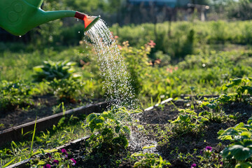 Water the garden with a watering can. Watering strawberries