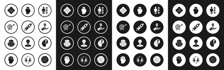 Set User of man in business suit, Rocket ship with fire, Target arrow, Piece puzzle, Light bulb hand, Project team base, Human head question mark and Globe people icon. Vector