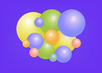 3d sphere on purple background. Flying abstract balls, geometric round shapes, with a glossy glow and gradient. Design template modern art background, bright circle, orb. Bubble, liquid. Vector