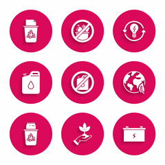 Set No canister for gasoline, Plant hand of environmental protection, Car battery, Earth globe leaf, Recycle bin with recycle symbol, Canister, light bulb lightning and icon. Vector