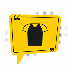 Black T-shirt icon isolated on white background. Shirt. Yellow speech bubble symbol. Vector