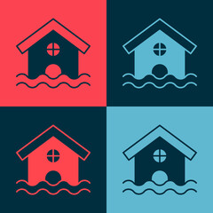 Pop art House flood icon isolated on color background. Home flooding under water. Insurance concept. Security, safety, protection, protect concept. Vector
