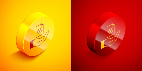 Isometric Contract in hand icon isolated on orange and red background. Insurance concept. Security, safety, protection, protect concept. Circle button. Vector