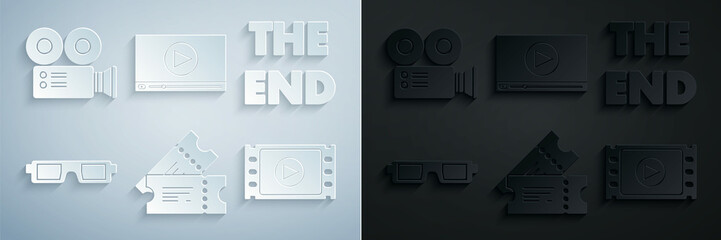 Set Cinema ticket, The End handwritten inscription, 3D cinema glasses, Play Video, Online play video and camera icon. Vector