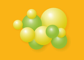 3d sphere yellow, green background. Flying abstract balls, geometric round shapes, with a glossy glow and gradient. Design template modern art background, bright circle, orb. Bubble, liquid. Vector