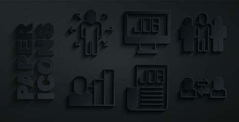 Set Search job, Project team base, Productive human, Exchange work, and Multitasking manager working icon. Vector