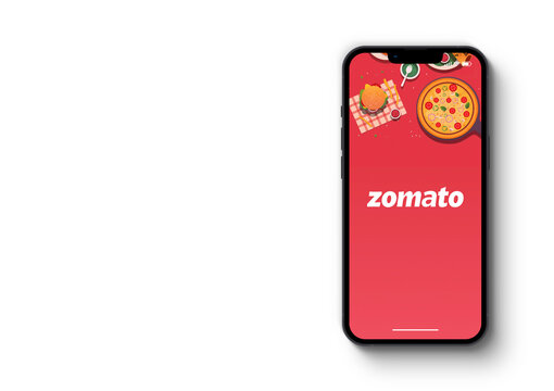 Zomato food delivery app on the smartphone iPhone screen. White background. Rio de Janeiro, RJ, Brazil. July 2022