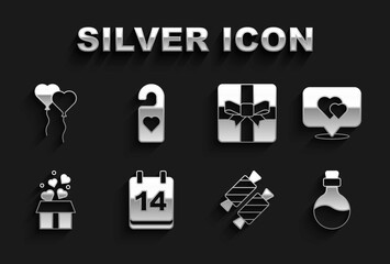 Set Calendar with February 14, Location heart, Bottle love potion, Candy, Gift box hearts, Balloons in form of and Please do not disturb icon. Vector
