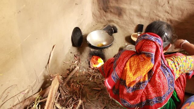 Traditional dressed Indian village woman cooking,  Using traditional clay or mud stove .