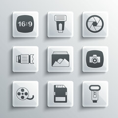 Set SD card, Photo camera flash, frame, Film reel, Camera photo lens, 16 and shutter icon. Vector