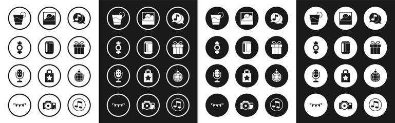 Set Musical note in speech bubble, Beer can, Candy, Cocktail, Gift box, Photo, Disco ball and Microphone icon. Vector