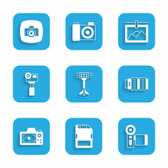 Set Studio light bulb in softbox, SD card, Cinema camera, Camera photo lens, Photo, Action extreme, frame and icon. Vector