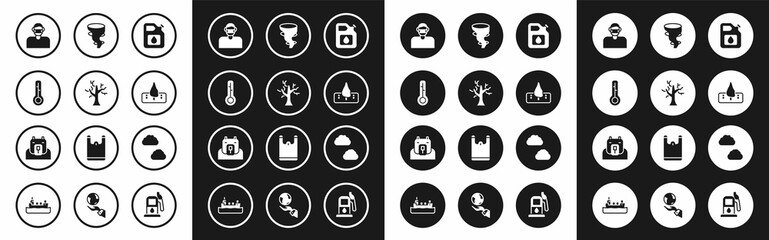 Set Canister for gasoline, Withered tree, Meteorology thermometer, Face protective mask, Deforestation, Tornado, Cloud and Polar bear head icon. Vector