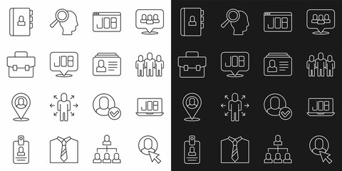 Set line Worker, Search job, Project team base, Briefcase, Resume and icon. Vector