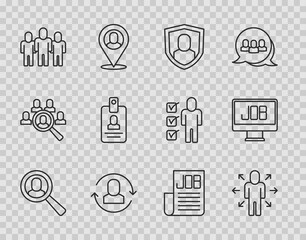 Set line Magnifying glass for search job, Multitasking manager working, User protection, Exchange, Project team base, Identification badge, Search and icon. Vector