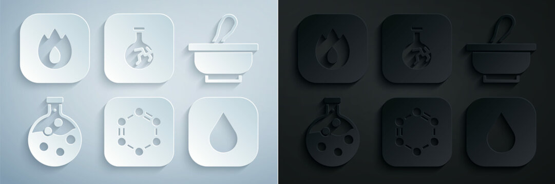 Set Formula of benzene rings, Mortar and pestle, Test tube flask, Water drop, Cracked and Fire flame icon. Vector