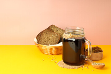 Concept of fresh drink, kvass, space for text