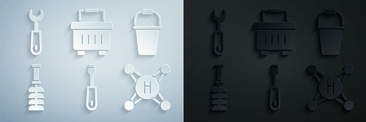 Set Screwdriver, Bucket, Toilet brush, Water tap, Toolbox and Wrench spanner icon. Vector