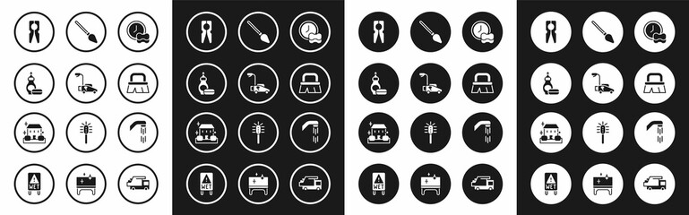 Fototapeta premium Set Washing dishes, Lawn mower, Dishwashing liquid bottle, Clothes pin, Brush for cleaning, Handle broom, Shower head and Home service icon. Vector