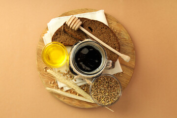 Concept of fresh drink, kvass, top view