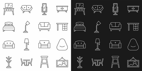Set line Picture, Pouf, Office desk, Big full length mirror, Table lamp, bed, Dressing table and Sofa icon. Vector